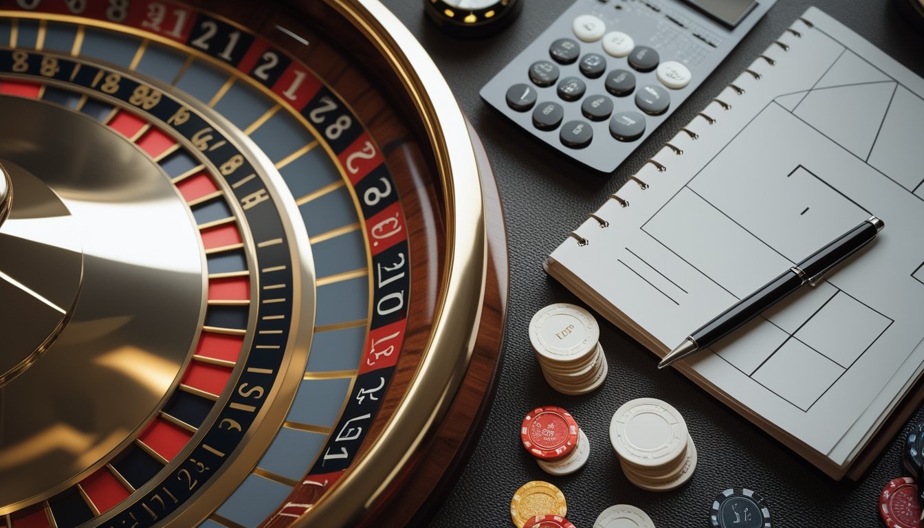 Meja roulette bernuansa emas dengan keping taruhan, kalkulator, dan buku catatan kosong yang tertata rapi.