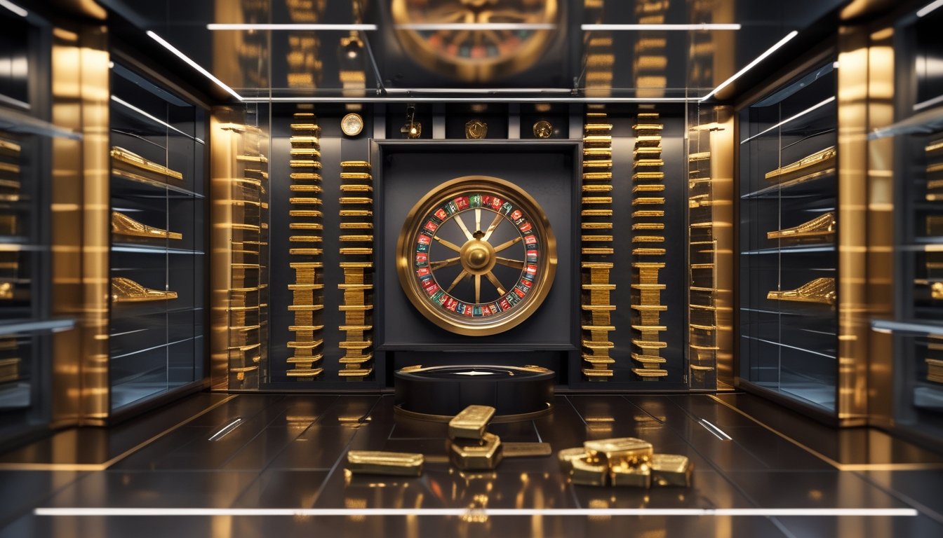 Roda roulette elegan dikelilingi tumpukan emas yang tersusun meningkat di dalam ruang penyimpanan mewah.