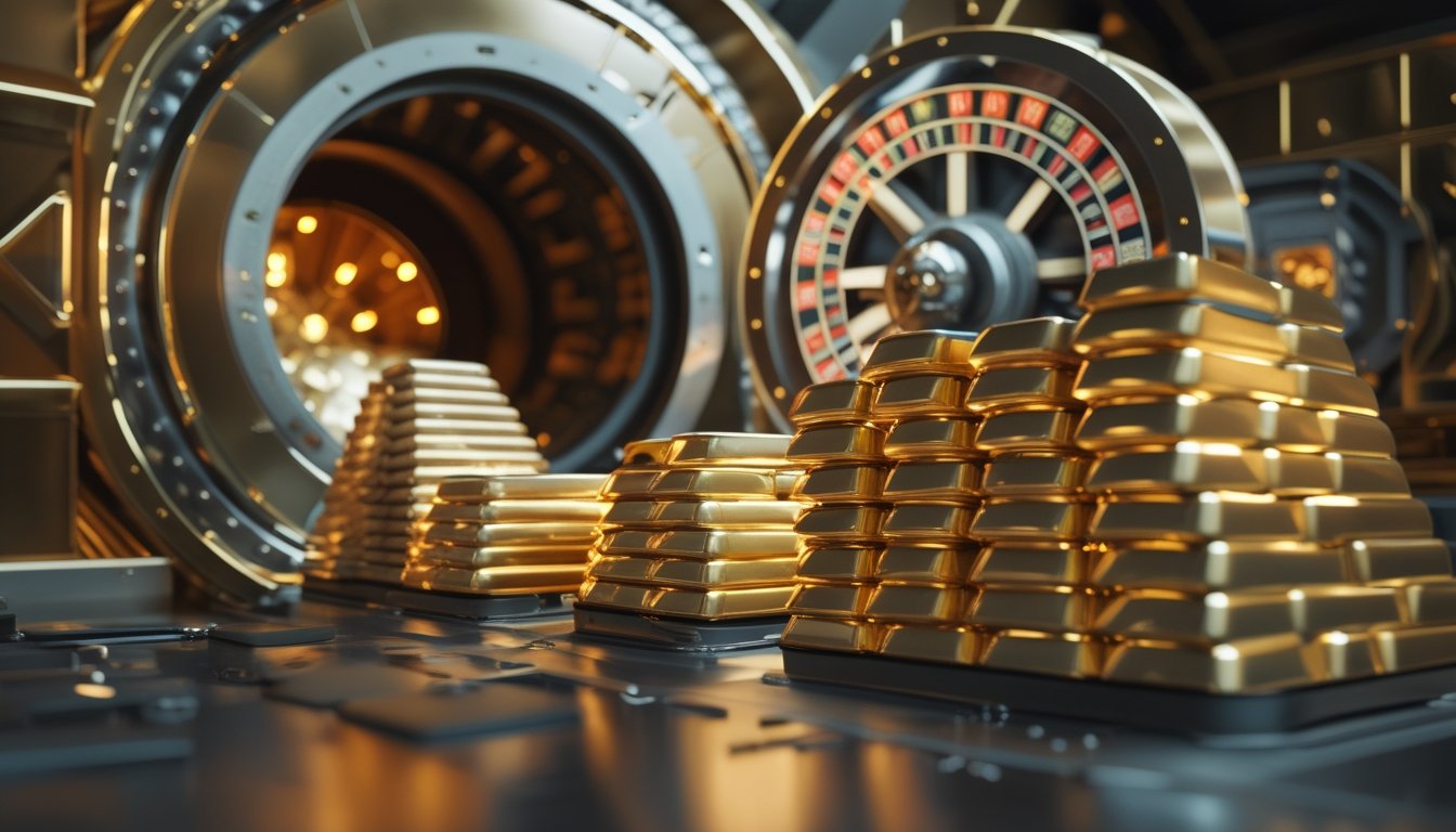 Batangan emas tersusun bertambah banyak di dalam ruang brankas dengan roda roulette.