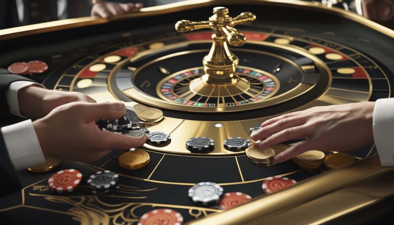 Tangan ragu menempatkan taruhan ganda di meja roulette emas dengan keping taruhan dan dompet hampir kosong.