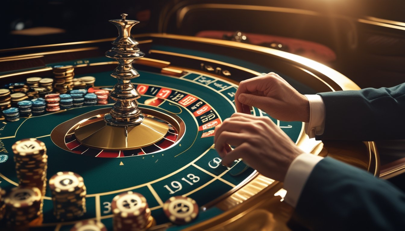 Tangan seseorang ragu menambahkan tumpukan chip kedua di meja roulette berwarna emas.
