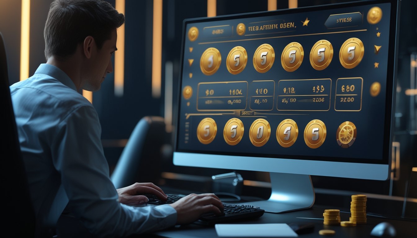 Seorang pemain mempelajari bonus pengali emas pada layar komputer sambil menyiapkan taruhan dengan token dan catatan kosong.