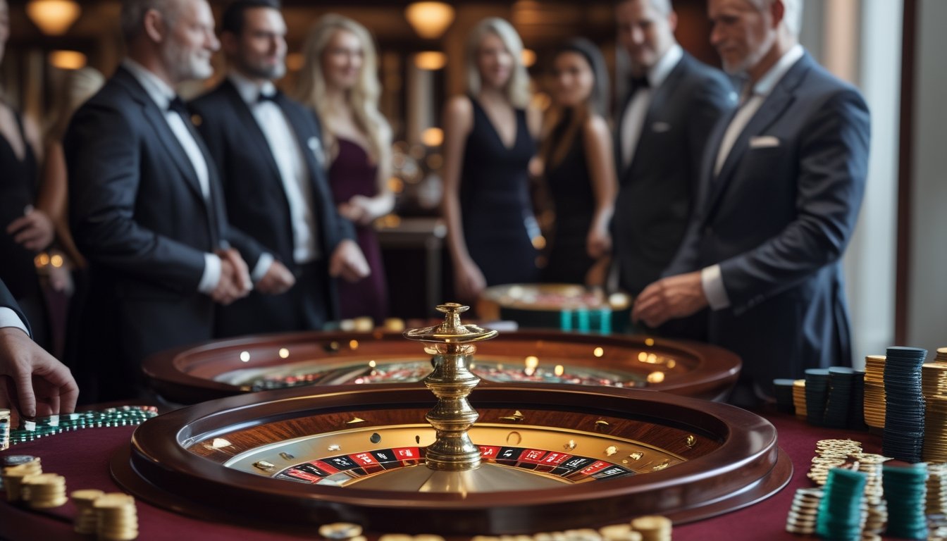 Pemain dewasa menikmati permainan roulette bernuansa emas di kasino mewah dengan meja roulette klasik terlihat di latar belakang.