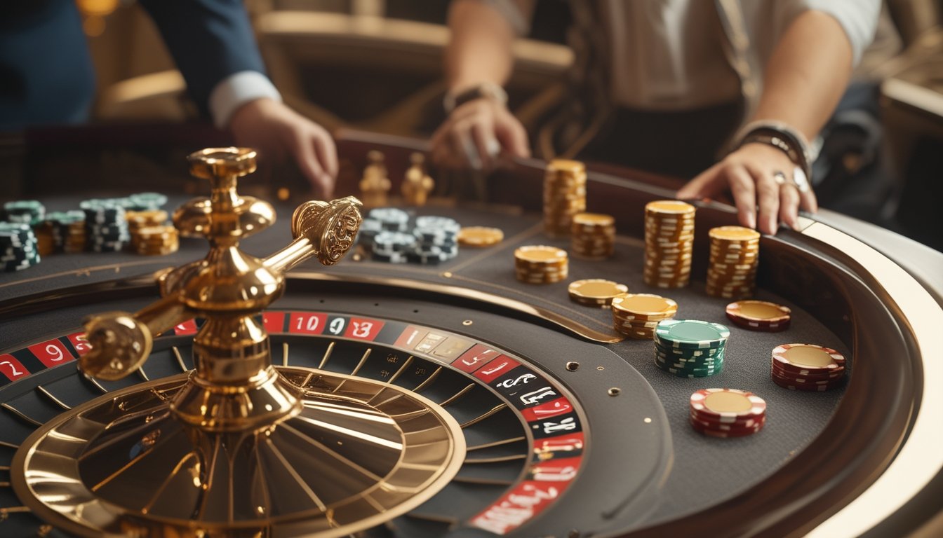 Meja kasino mewah dengan roda roulette beraksen emas, chip kasino, dan dealer yang sedang menunjukkan permainan.