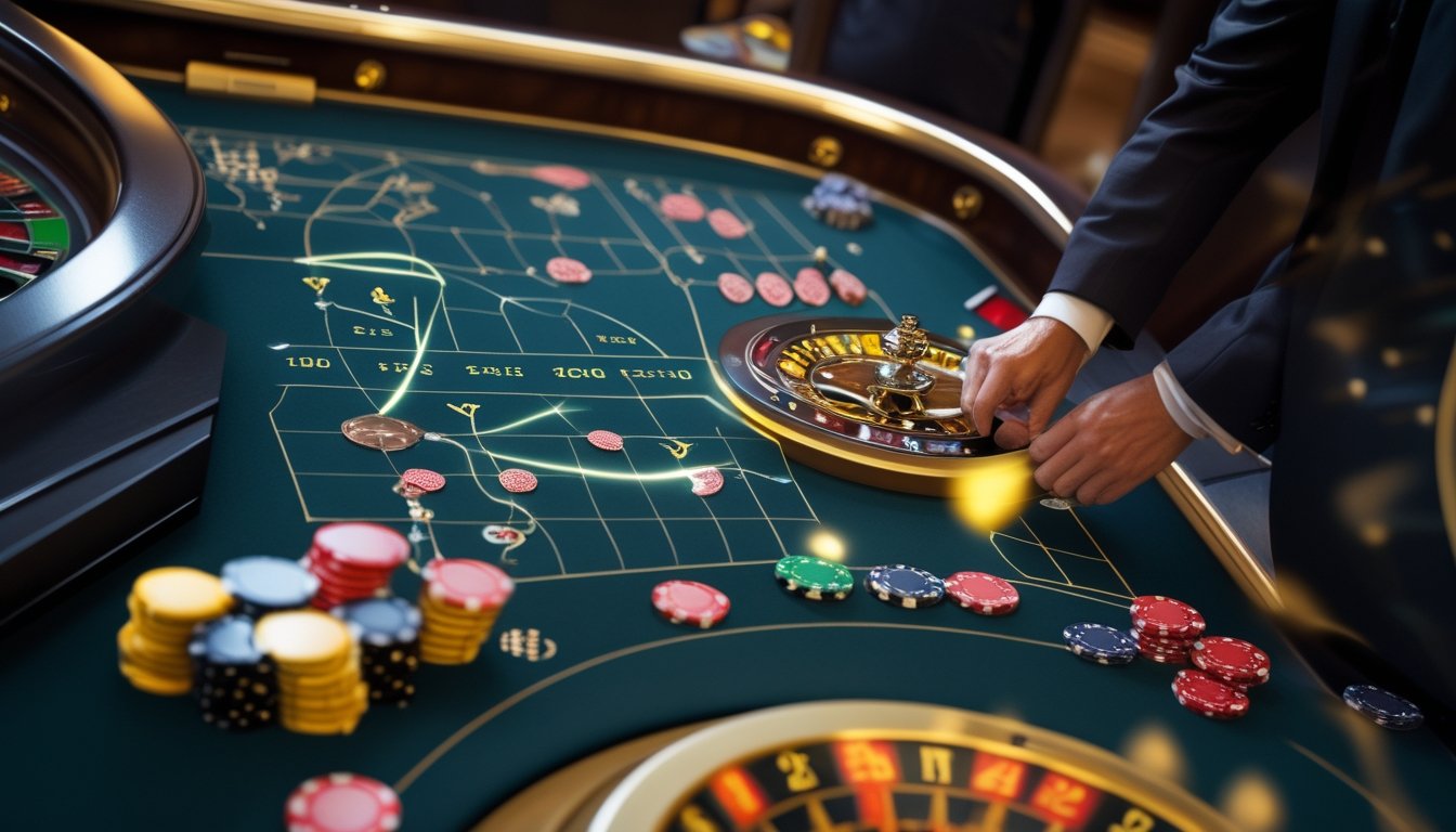 Roda roulette berputar di atas meja kasino dengan keping taruhan dan visualisasi abstrak pengganda acak.