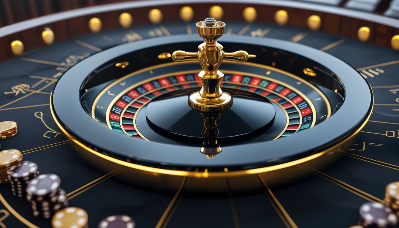 Roda roulette beraksen emas dengan keping taruhan dan elemen visual yang menggambarkan perkalian serta hasil acak.