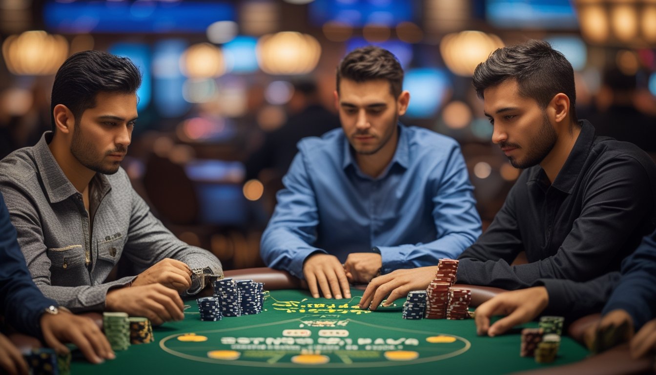 Tiga pemain fokus bermain poker dengan tumpukan chip kecil di atas meja.