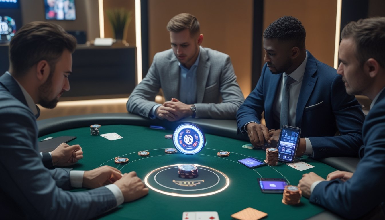 Tiga pemain dewasa duduk mengelilingi meja poker dengan kartu, keping taruhan, dan indikator permainan di tengah meja.