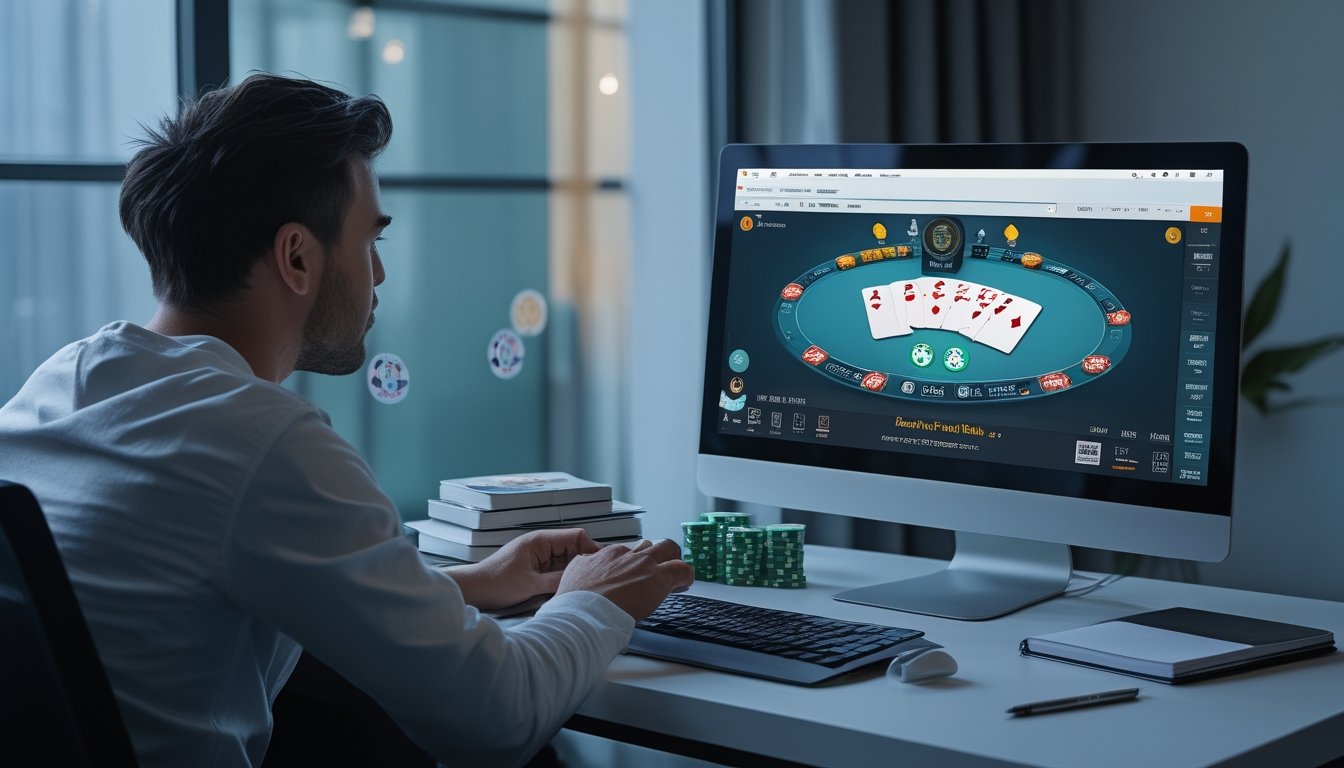 Seorang pemain poker mempelajari laptop dengan chip dan kartu di meja kerja.