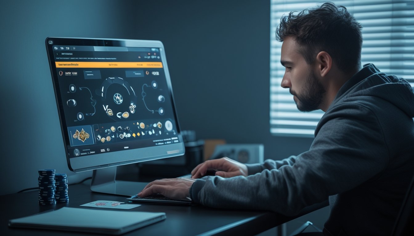 Pemain poker mempelajari keputusan turnamen di depan laptop dengan tumpukan chip dan kartu di meja.