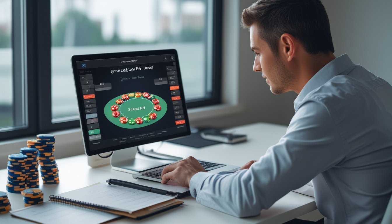 Pemain poker mengatur tumpukan chip, catatan anggaran kosong, dan kalkulator di meja kerja.
