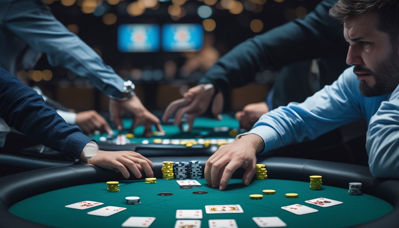 Pemain poker yang tenang menghadapi lawan agresif di meja dengan kartu dan chip.