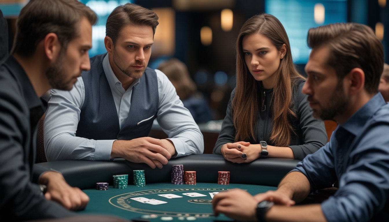 Pemain poker mengamati lawan agresif dan susunan chip di meja Spin & Go.