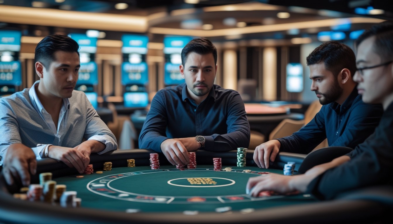 Tiga pemain dewasa bermain poker di meja kasino, sementara satu pemain mengamati gerak-gerik lawannya dengan penuh perhatian.