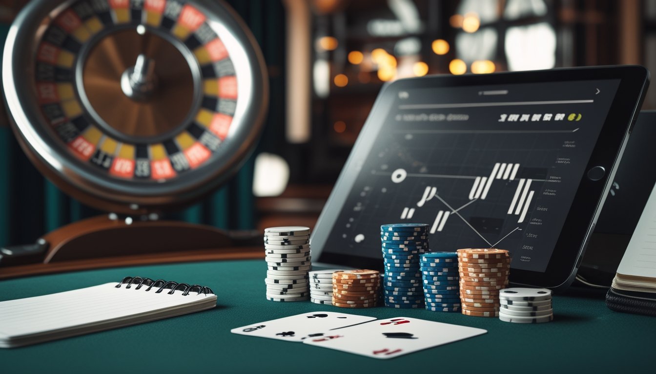 Meja poker dengan keping taruhan, kartu, kalkulator, dan tablet yang menampilkan grafik analisis.