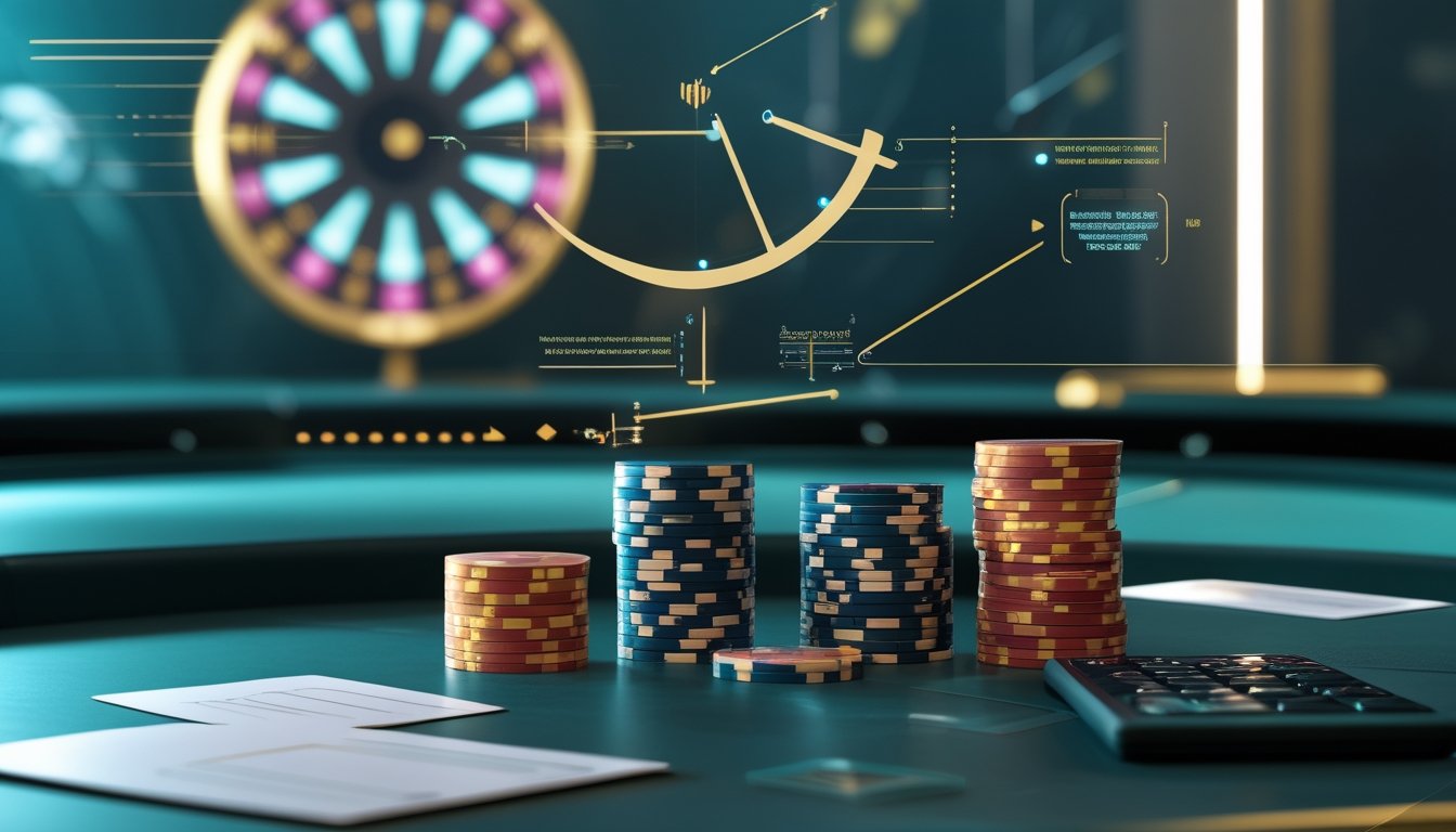 Meja poker dengan tumpukan chip, kartu, roda hadiah, komputer, dan catatan kosong.