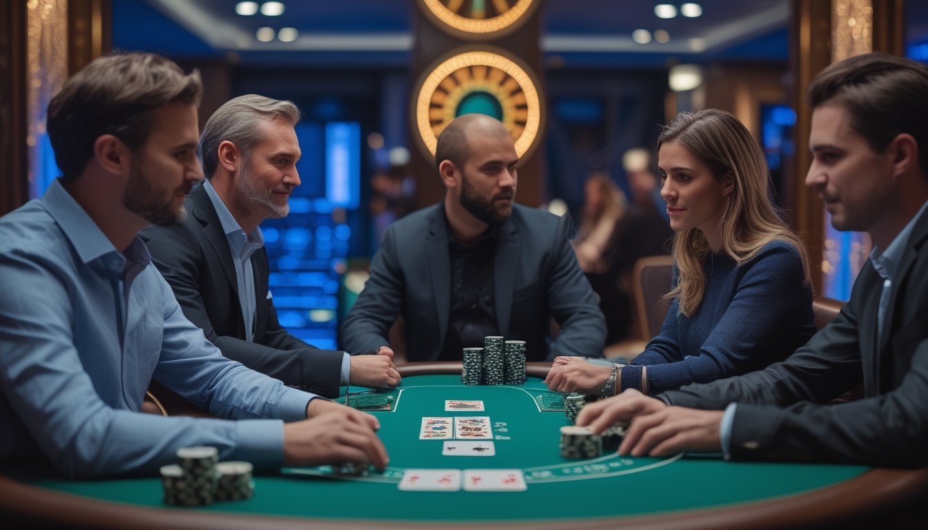 Tiga pemain dewasa bermain poker di meja kasino dengan tumpukan chip dan elemen roda hadiah bercahaya di latar belakang.