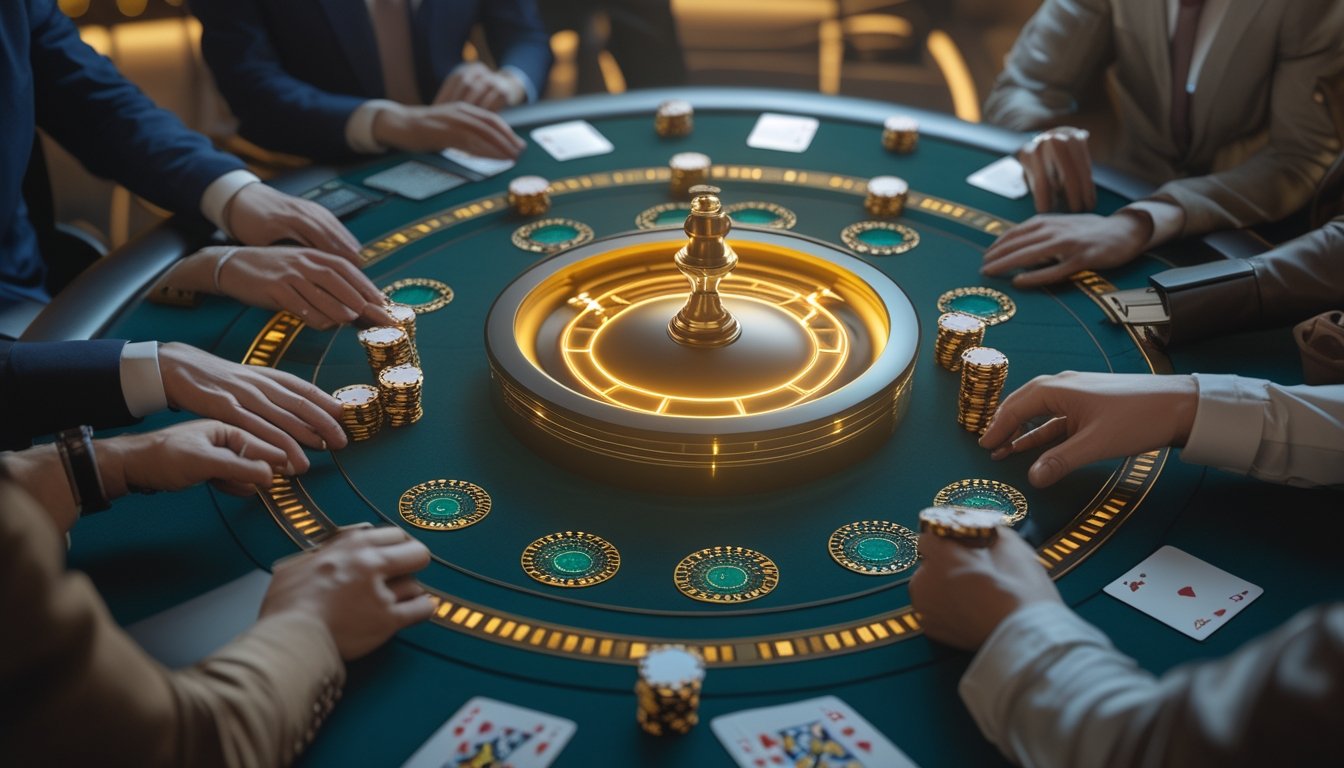 Meja poker dengan kartu, tumpukan chip, dan cahaya keemasan yang menggambarkan jackpot progresif.