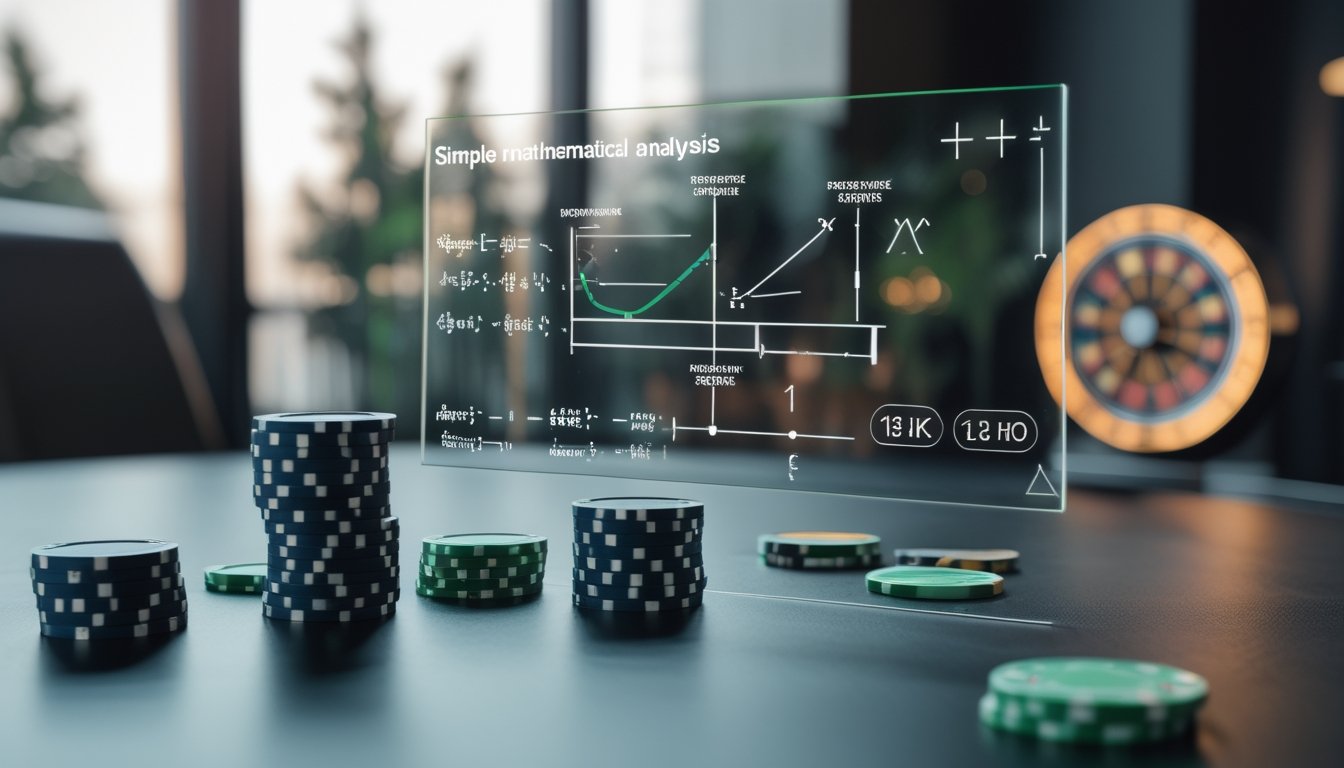 Meja poker dengan keping taruhan, kartu, dan visualisasi grafik matematika yang menggambarkan analisis strategi.