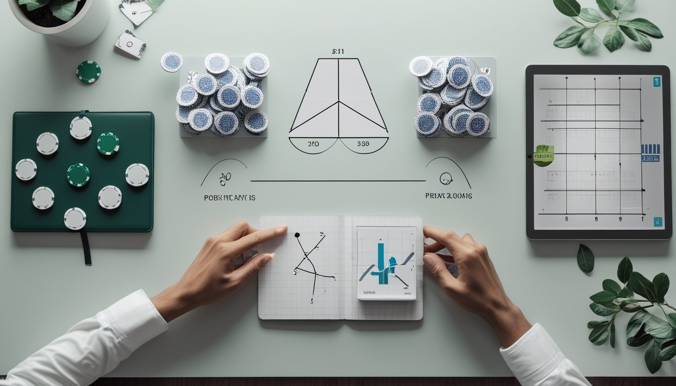 Meja kerja dengan kartu poker, tumpukan chip, catatan rumus probabilitas, dan grafik analisis hadiah.