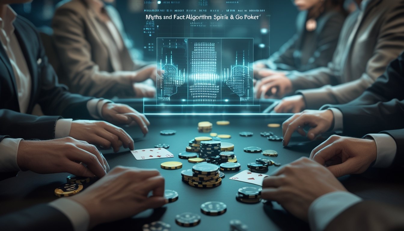 Meja poker dengan kartu, keping taruhan, dan visualisasi data algoritma yang menggambarkan analisis jackpot Spin & Go.