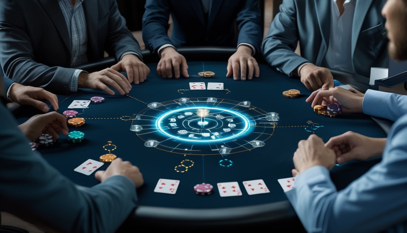 Tiga pemain dewasa bermain poker di meja dengan visualisasi abstrak tentang pencocokan lawan dan pembagian hadiah.