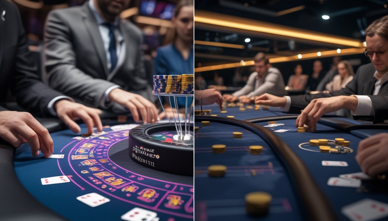 Perbandingan suasana permainan poker cepat dengan turnamen poker besar yang melibatkan banyak meja.