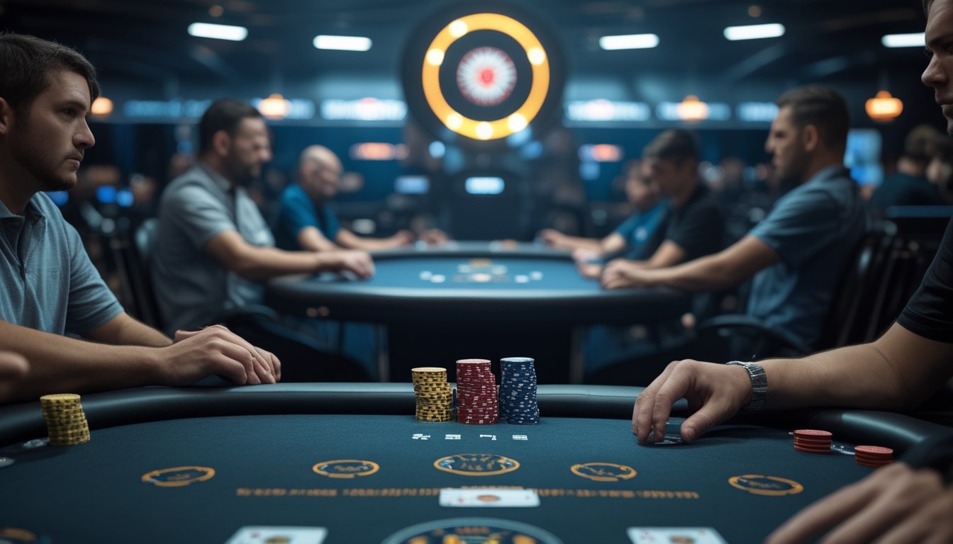 Meja poker kecil dengan tiga pemain di depan dan ruang turnamen besar dengan banyak meja di latar belakang.