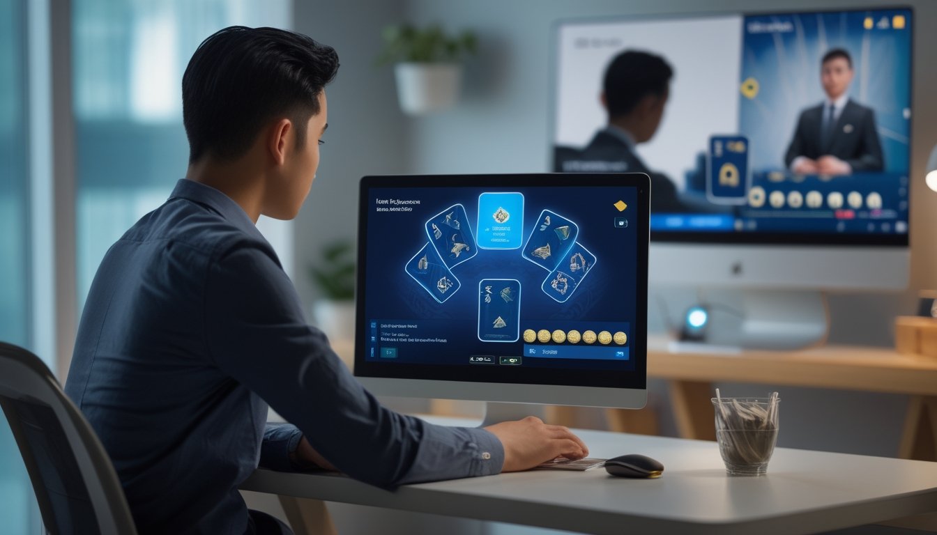 Seorang pemain menggunakan laptop untuk bermain kartu online dengan tampilan dealer digital di ruang kerja modern.