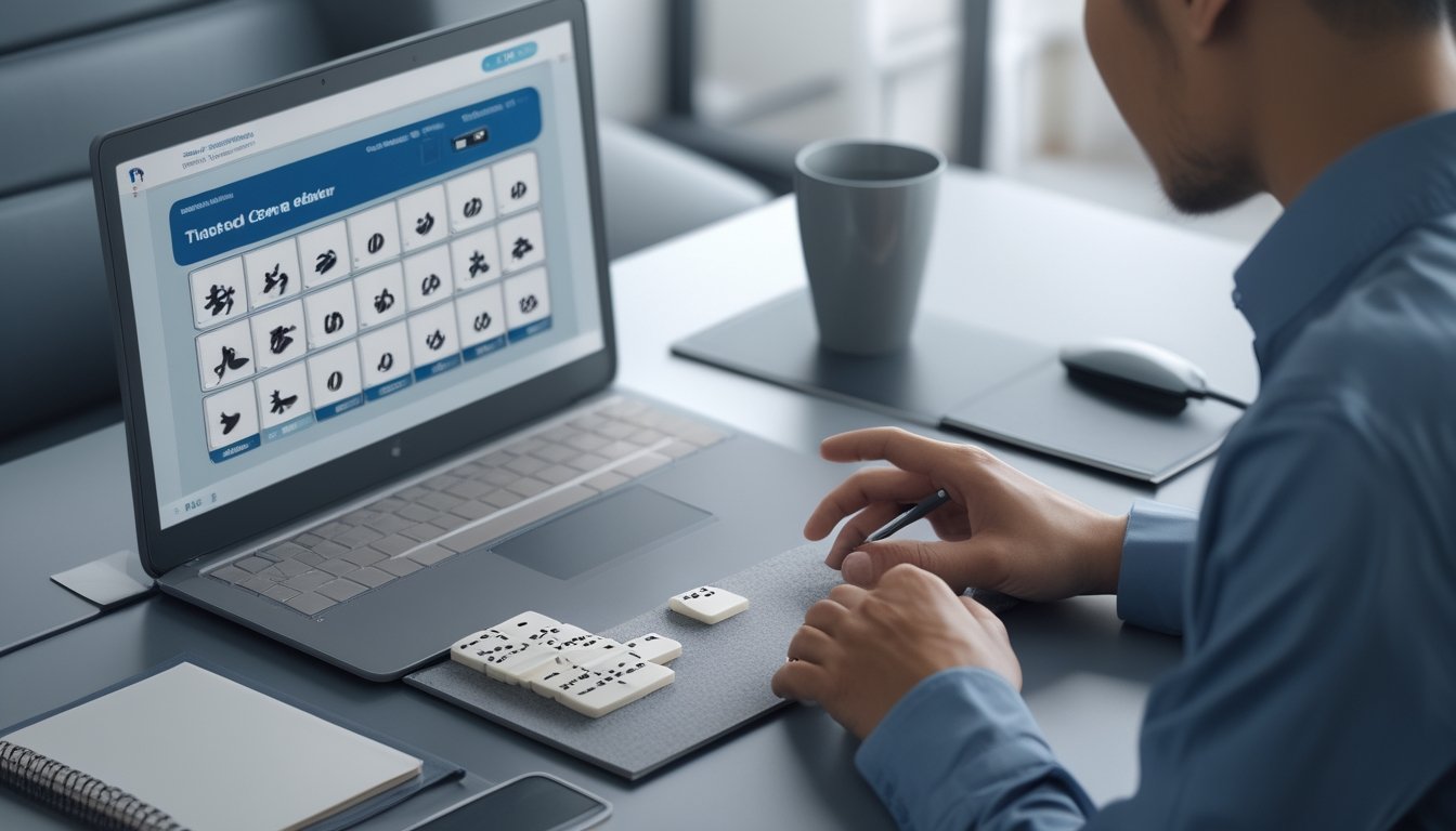 Seorang pemain mempelajari kombinasi kartu domino di meja dengan laptop di depannya.