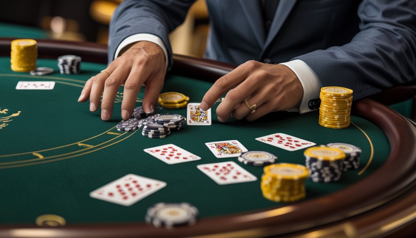 Seorang dealer menghitung kartu domino di meja permainan dengan beberapa keping chip di sekitarnya.