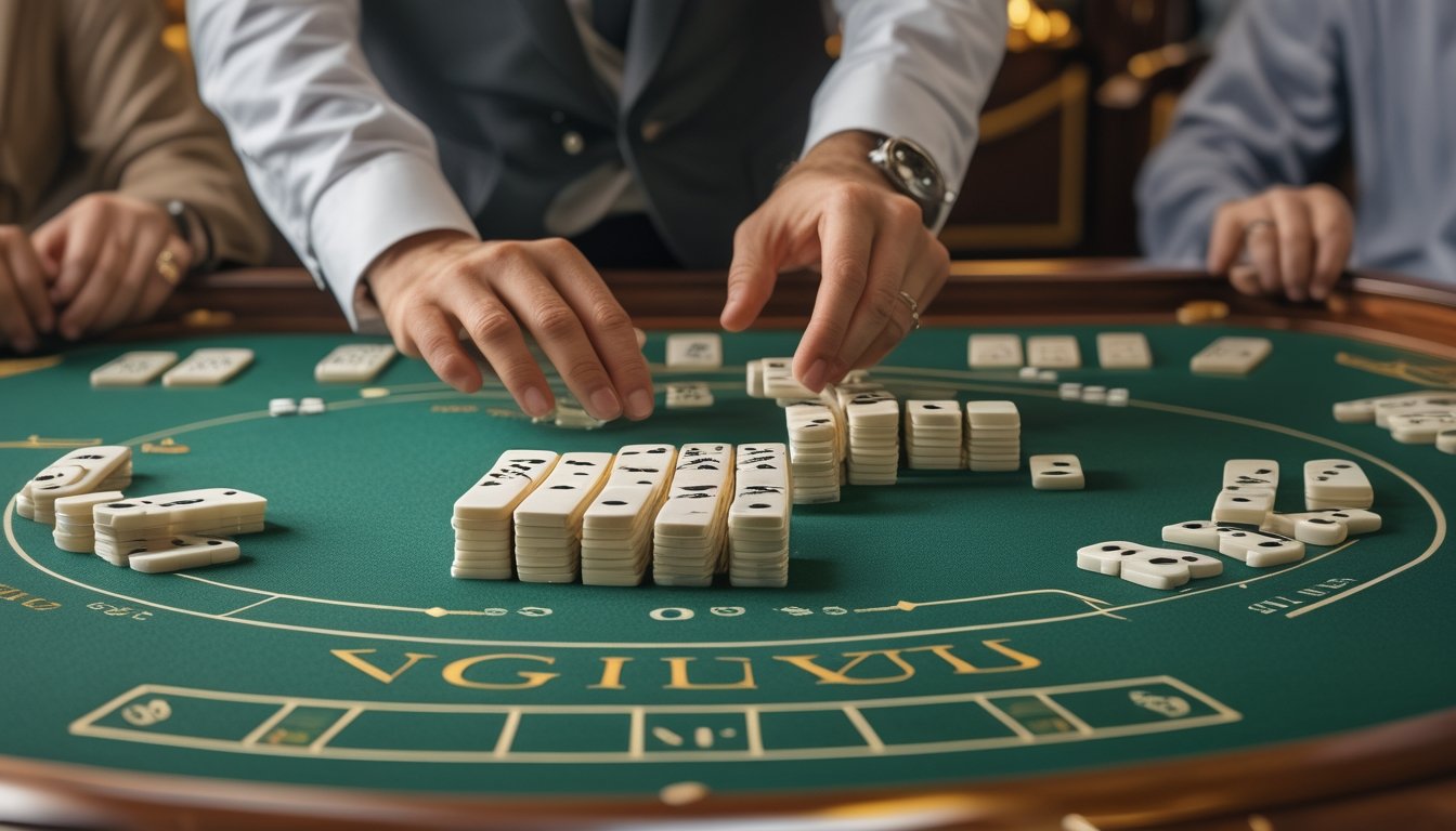 Seorang bandar menjelaskan permainan domino kepada beberapa pemain di meja permainan.