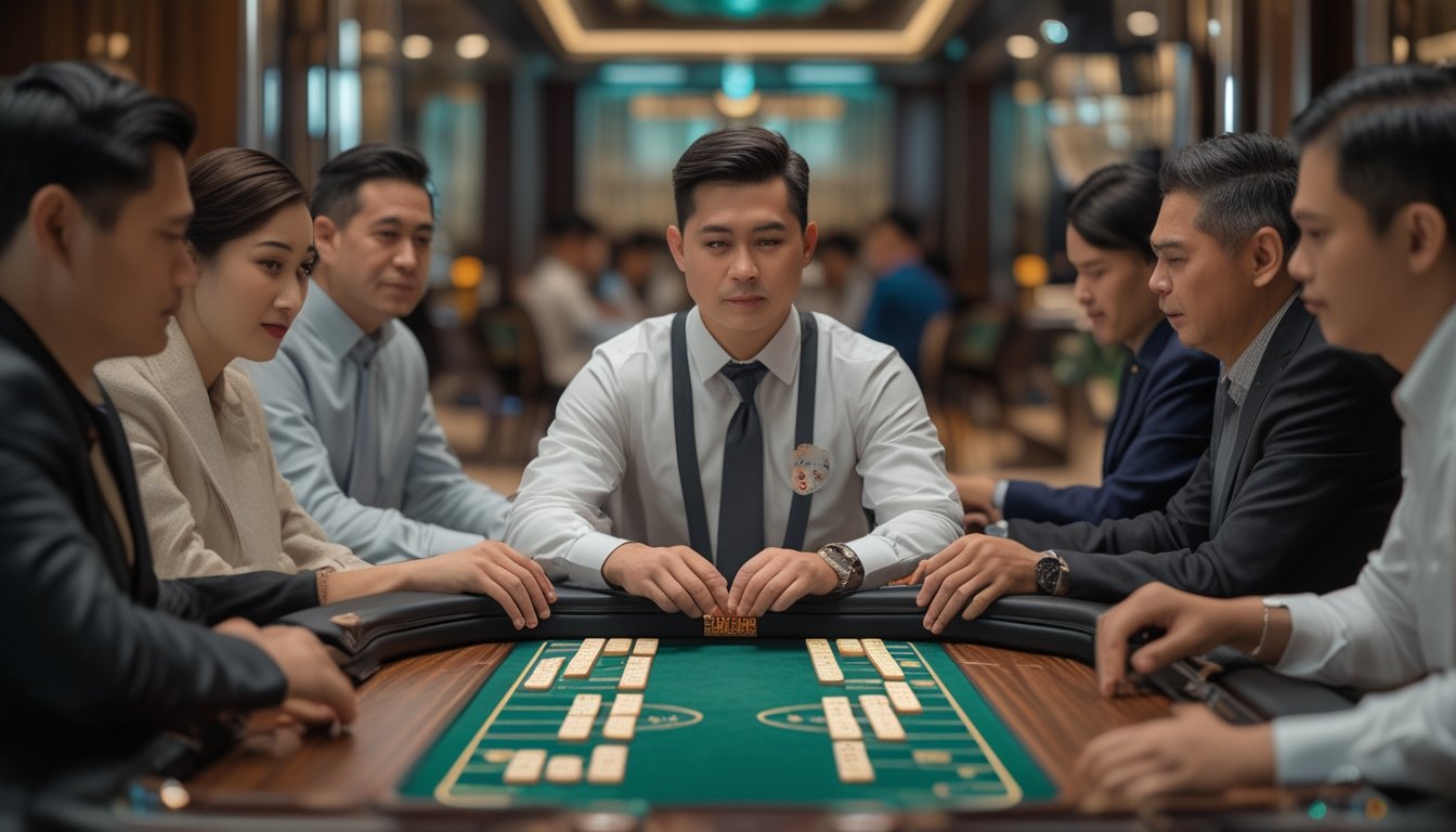 Seorang dealer menjelaskan permainan domino kepada beberapa pemain di meja permainan.