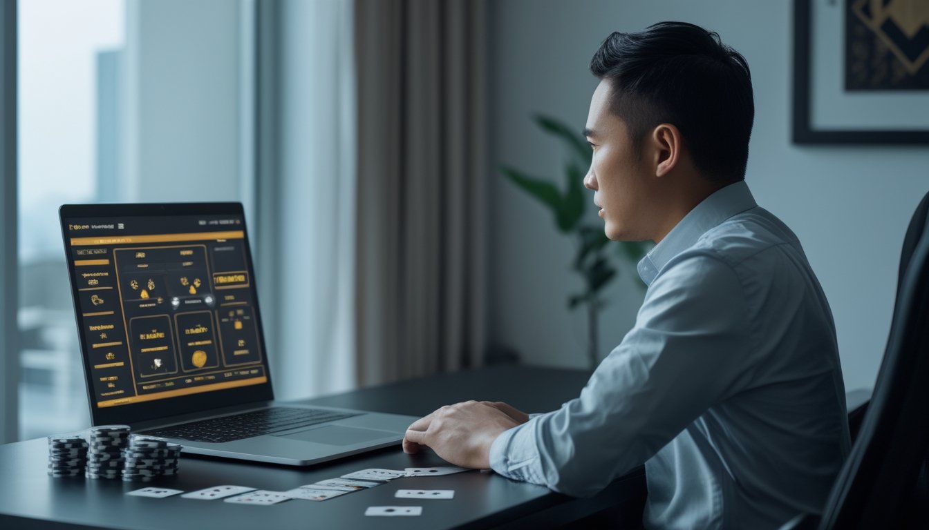 Seorang pria sedang fokus bermain permainan kartu online di meja dengan laptop, kartu, dan keping permainan.