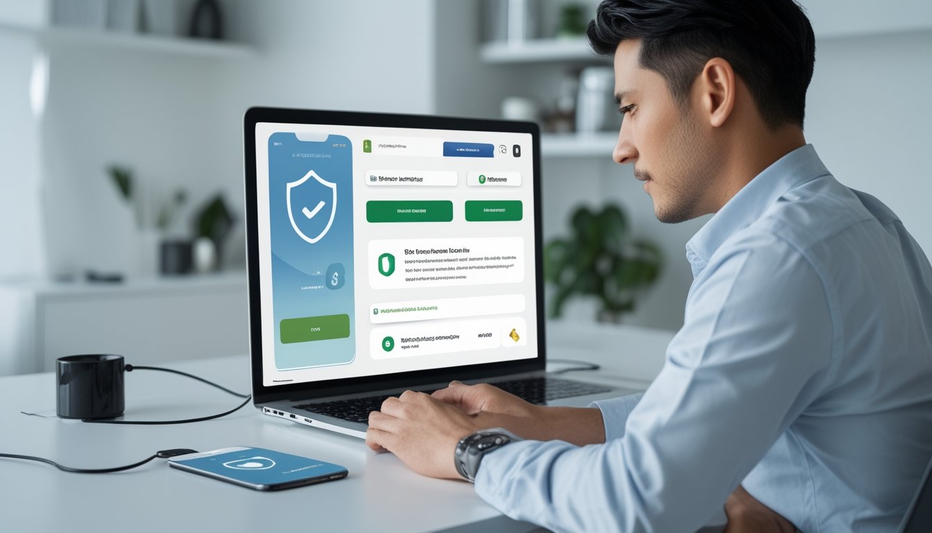 Seseorang menggunakan laptop dan ponsel untuk melakukan transaksi digital dengan simbol keamanan dan verifikasi.
