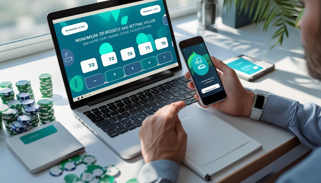 Tangan seseorang membandingkan tampilan permainan kartu daring dan dompet digital di meja dengan chip, kalkulator, serta kartu pembayaran.