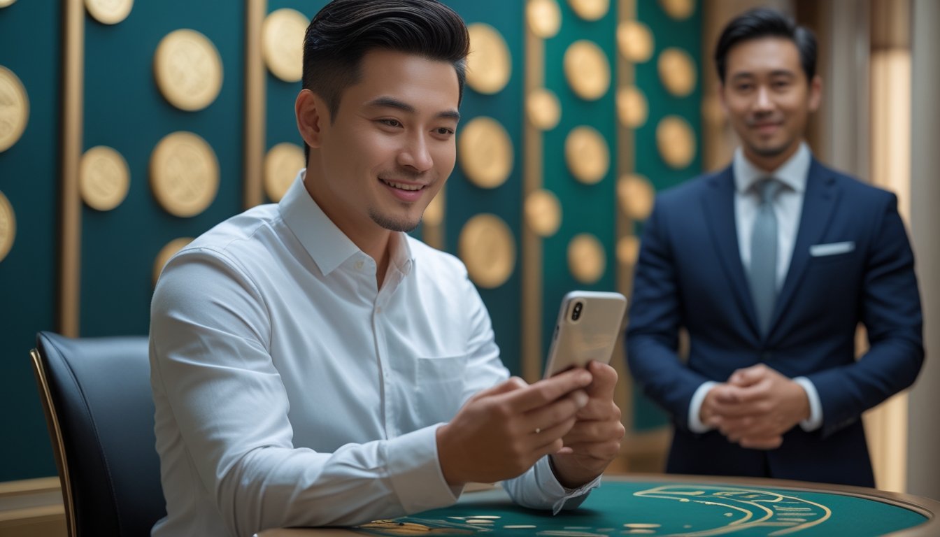 Seorang pria tersenyum melihat ponsel dengan simbol hadiah cashback di lingkungan layanan profesional.