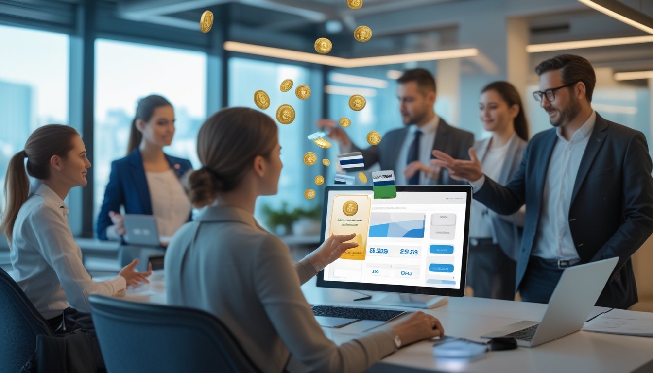 Orang dewasa meninjau program hadiah cashback melalui laptop dan ponsel di kantor modern.
