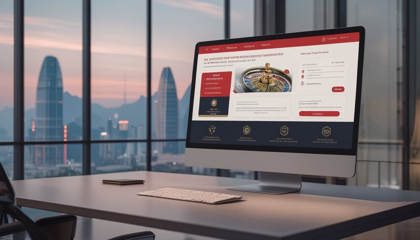 Ruang kerja modern dengan perangkat digital, ikon keamanan, dan ilustrasi manfaat keanggotaan berlatar suasana kota Macau.