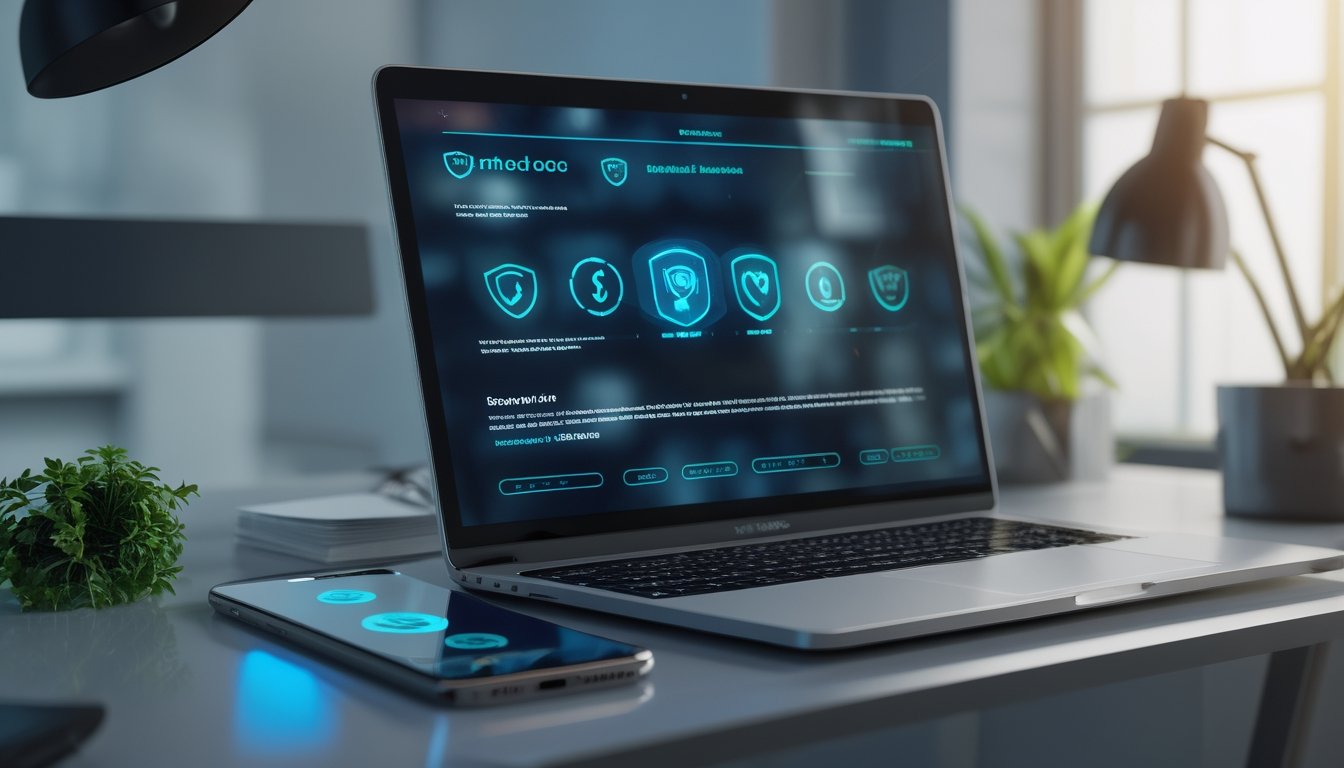 Laptop dan ponsel menampilkan simbol keamanan di meja kerja modern.