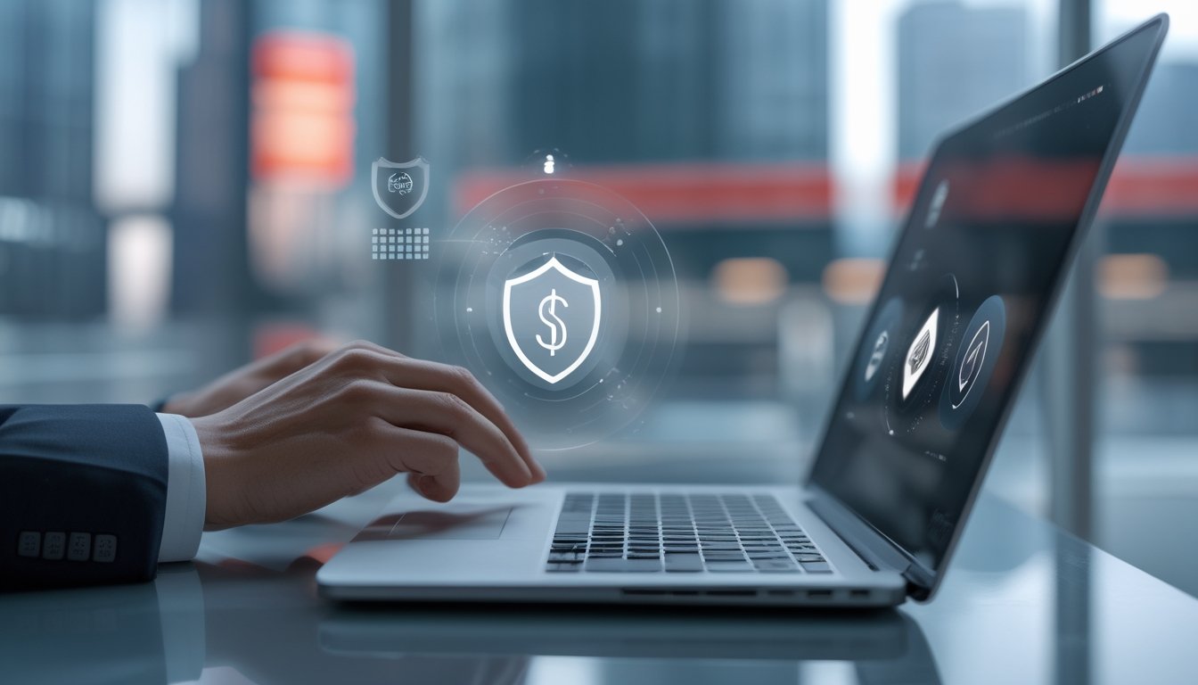 Seorang profesional memeriksa platform digital terverifikasi dengan simbol keamanan dan pembayaran selesai di kantor modern.