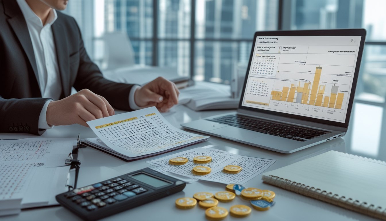 Seorang analis meninjau grafik statistik dan tiket lotre di meja kerja modern.