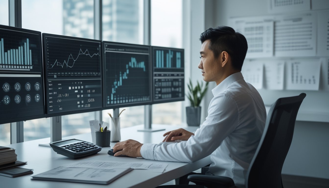 Seorang analis mempelajari grafik dan pola angka abstrak di beberapa layar komputer.