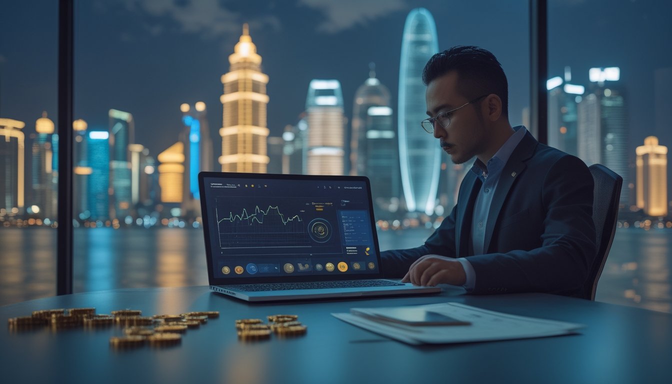 Seorang analis meninjau data di meja modern dengan latar suasana kota malam bergaya Macau.