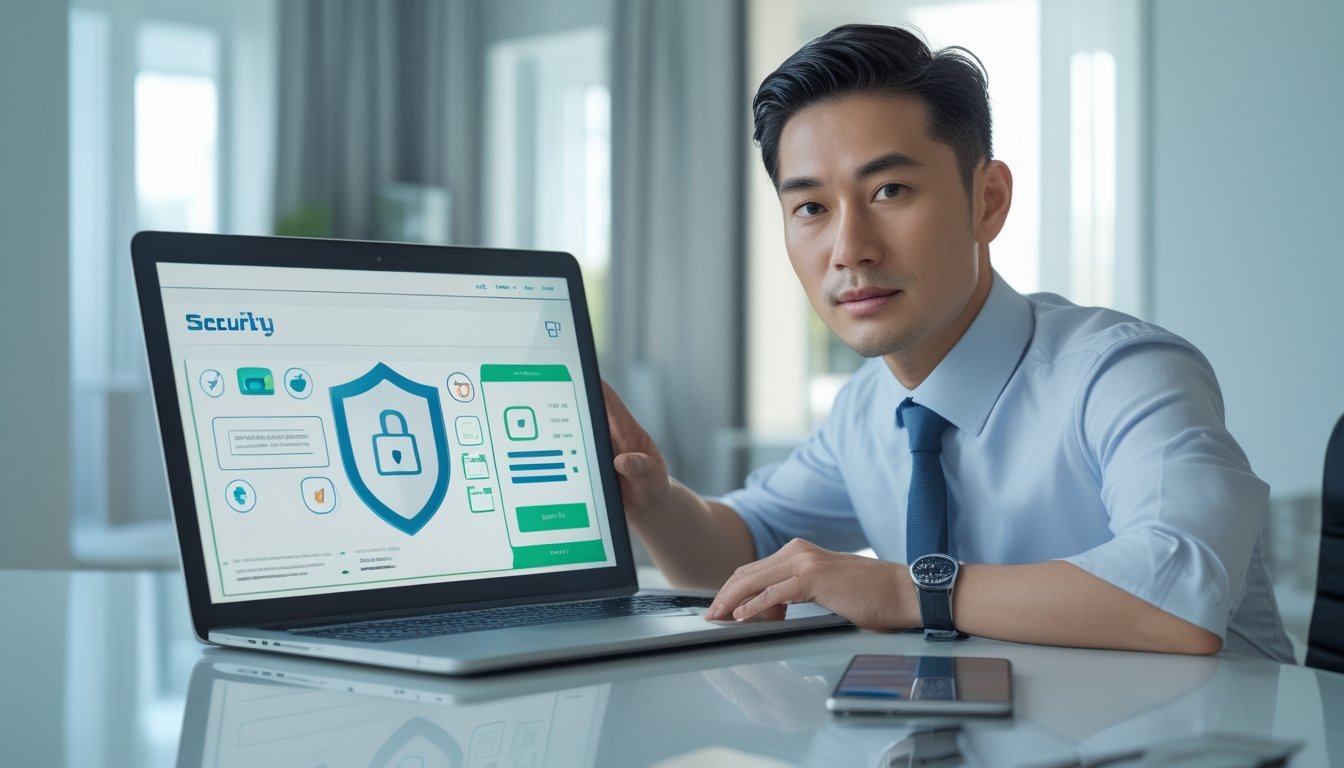 Seorang profesional memeriksa keamanan dan kredibilitas platform daring menggunakan laptop di ruang kerja modern.