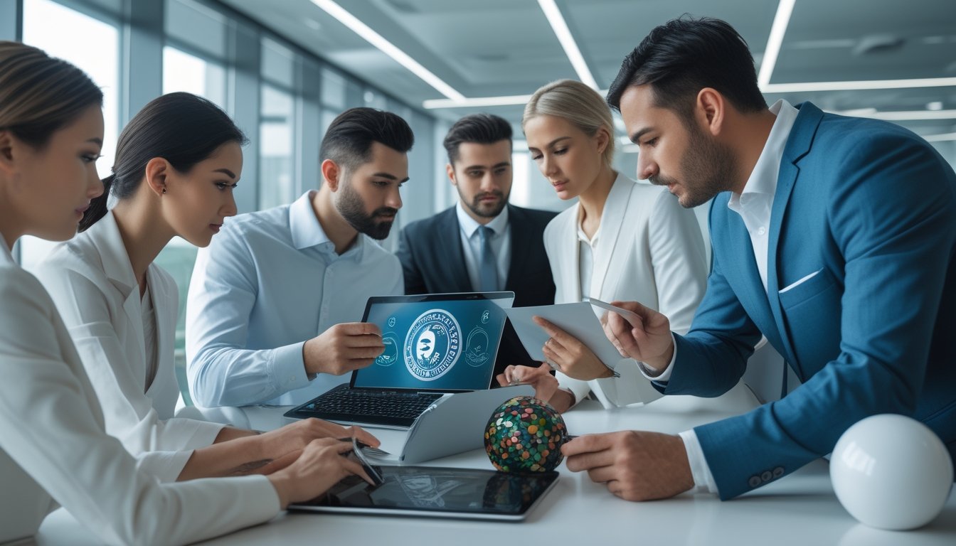 Sekelompok profesional meninjau keamanan dan reputasi platform digital di kantor modern.