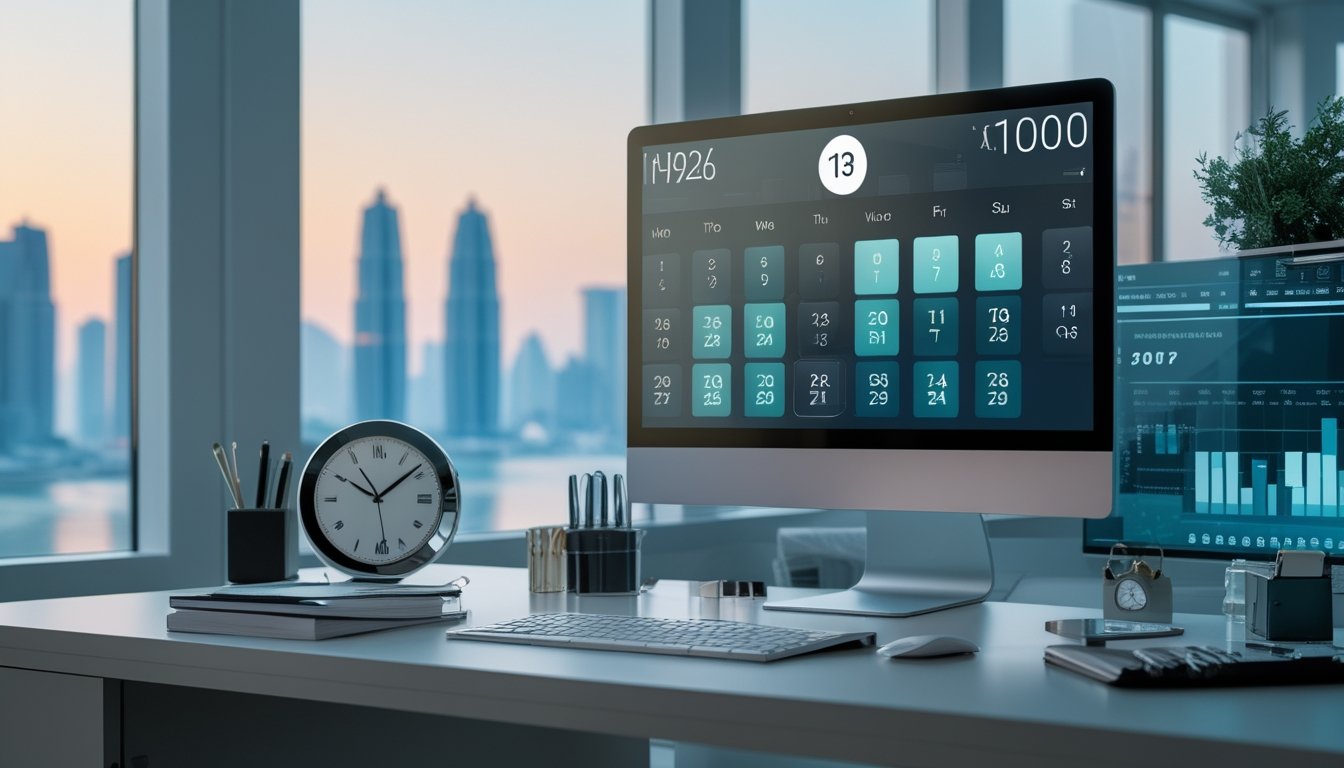 Meja kantor modern dengan kalender digital abstrak, jam, dan siluet kota di balik jendela.