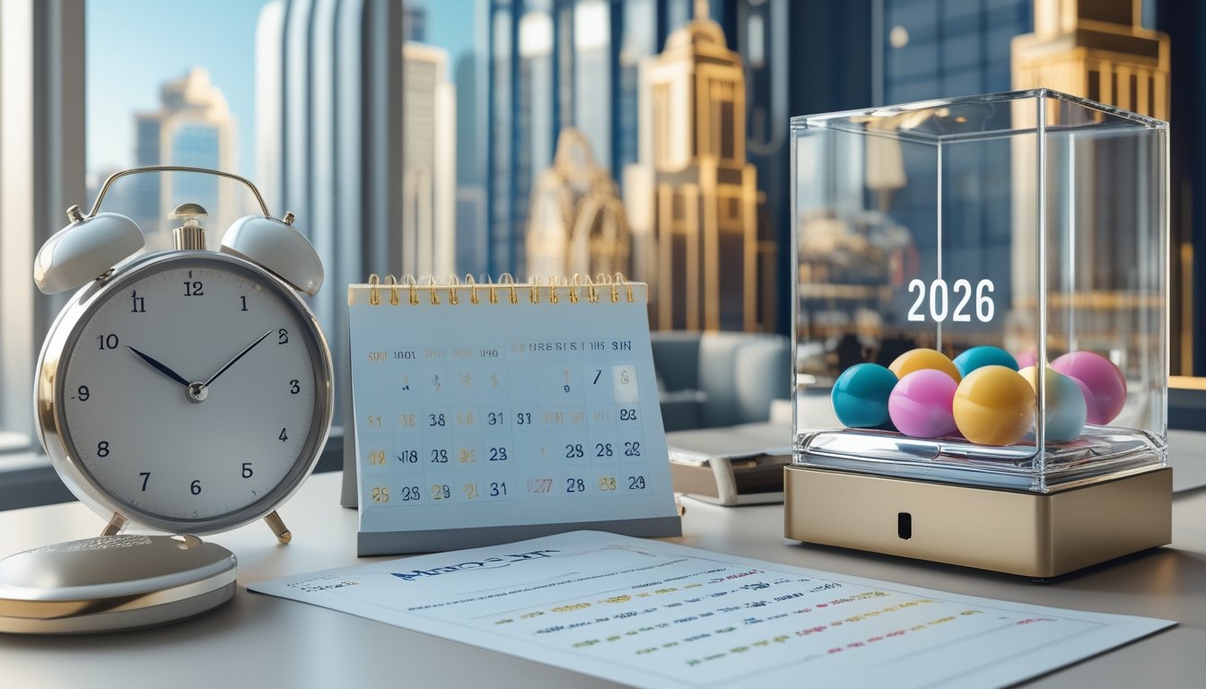 Jam, kalender, dan mesin pengundian bola dengan latar pemandangan kota.