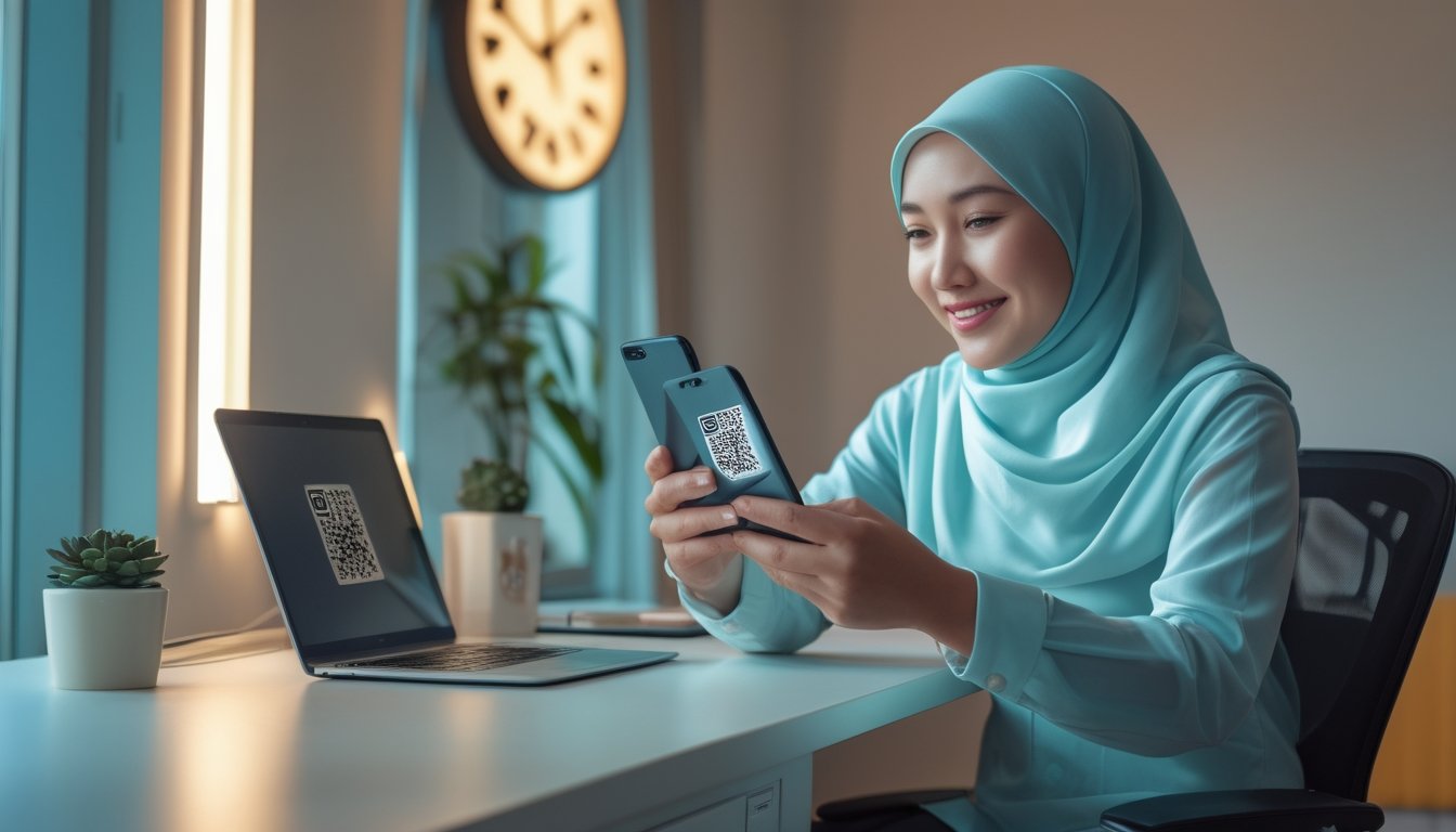 Seseorang menggunakan ponsel untuk memindai kode pembayaran QR di meja kerja modern.