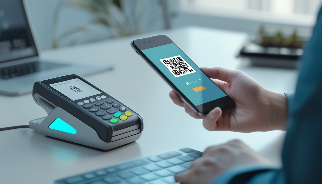 Seseorang menggunakan ponsel untuk memindai kode QR pada perangkat pembayaran digital.